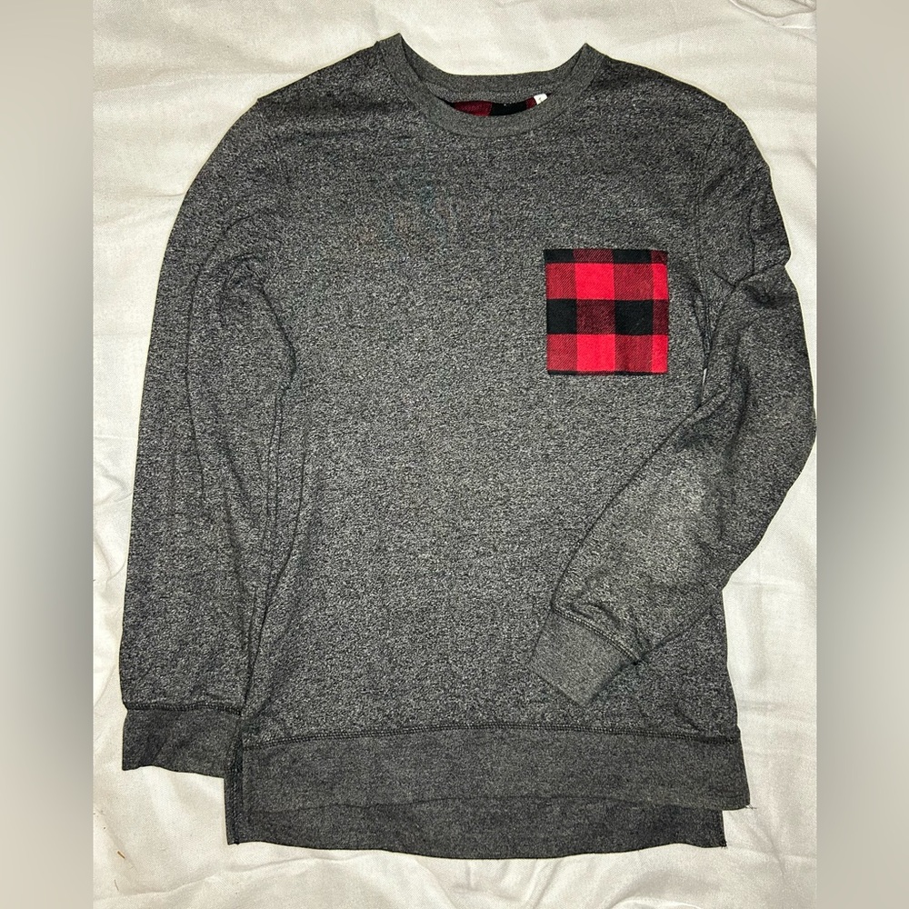 On The Byas mens grey long sleeve sweater plaid pocket front small